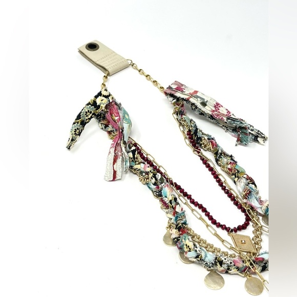 New Anthropologie Aspen Stone Layered Necklace Gold Charm Textile - Picture 7 of 9